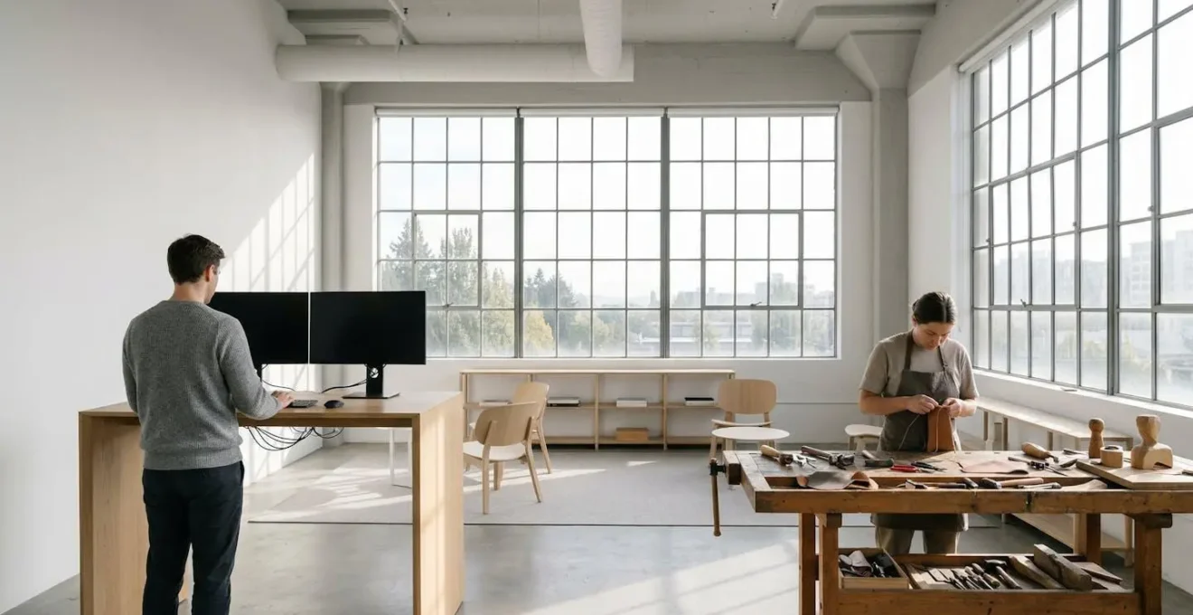 Freelance et artisan travaillant dans un espace de coworking moderne avec équipement professionnel