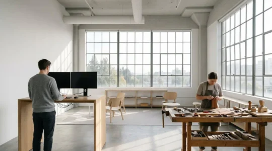 Freelance et artisan travaillant dans un espace de coworking moderne avec équipement professionnel