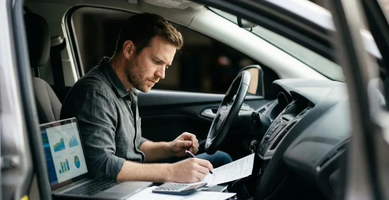 Conducteur au volant analysant des documents d'assurance avec un ordinateur portable et une calculatrice sur le tableau de bord