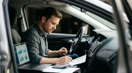 Conducteur au volant analysant des documents d'assurance avec un ordinateur portable et une calculatrice sur le tableau de bord