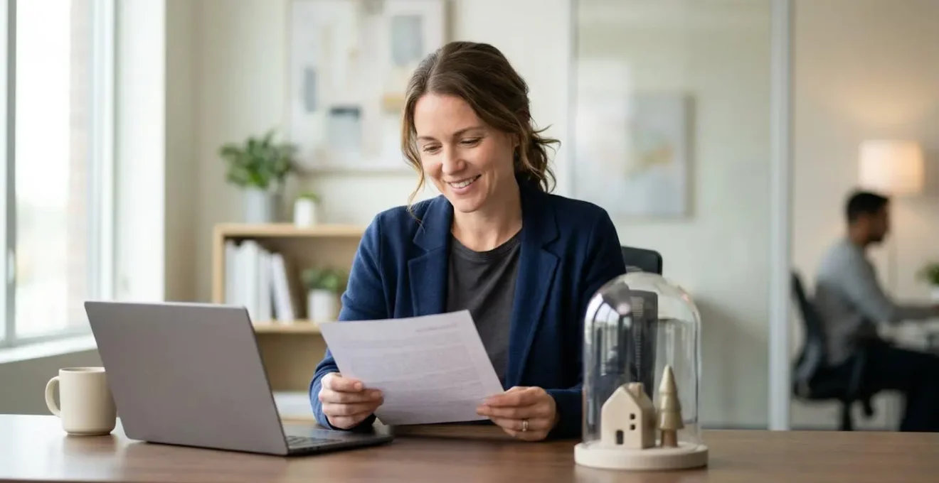Scène de bureau moderne avec documents d'assurance et personne en réflexion devant ordinateur
