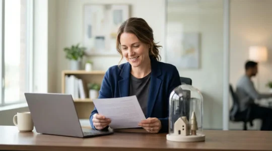 Scène de bureau moderne avec documents d'assurance et personne en réflexion devant ordinateur