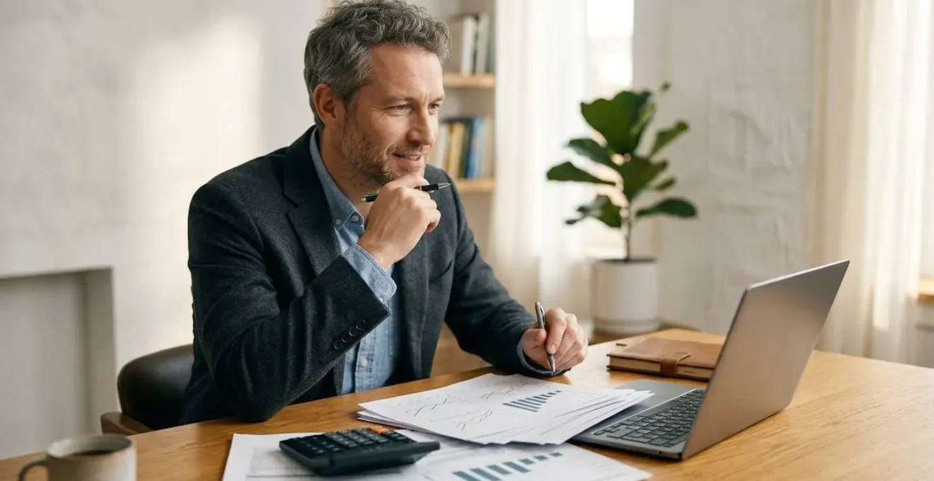 Travailleur indépendant consultant ses documents fiscaux et de retraite dans un bureau moderne