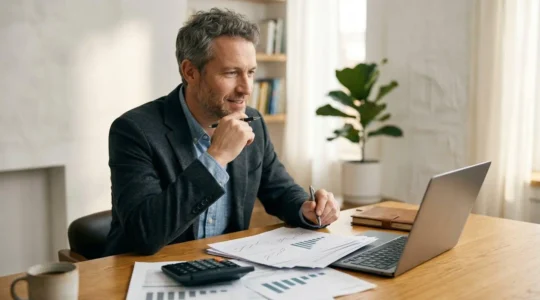 Travailleur indépendant consultant ses documents fiscaux et de retraite dans un bureau moderne