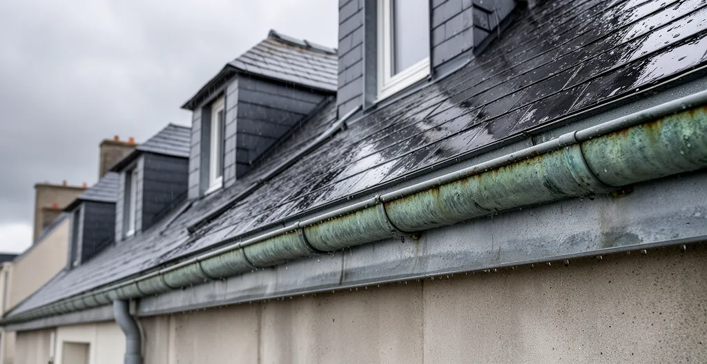 Détail toitures et gouttières immeuble havrais après passage de pluie, façades humides