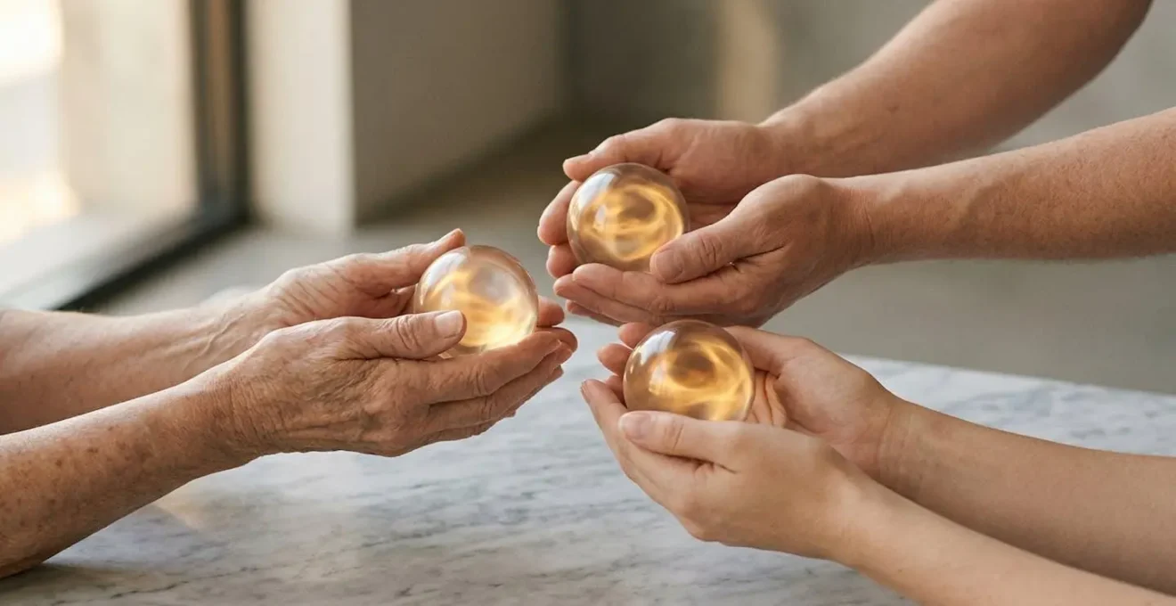 Mains de trois générations tenant ensemble des documents symbolisant la transmission patrimoniale