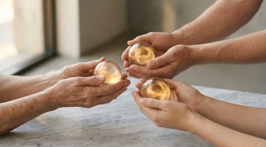 Mains de trois générations tenant ensemble des documents symbolisant la transmission patrimoniale