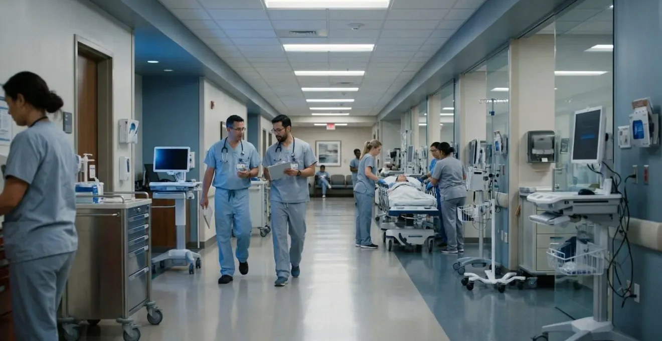 Vue d'une salle d'urgence moderne avec équipement médical de pointe et personnel soignant international