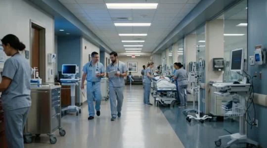 Vue d'une salle d'urgence moderne avec équipement médical de pointe et personnel soignant international