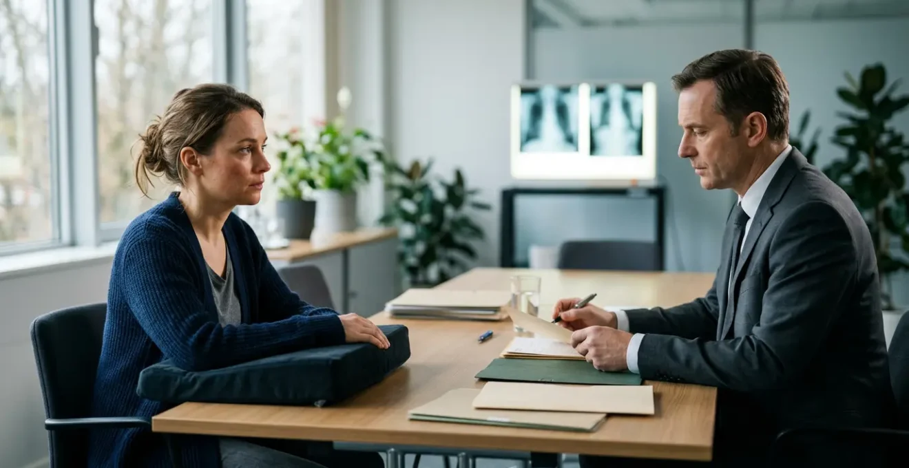 Une personne blessée discute avec un expert d'assurance dans un bureau moderne pour évaluer son préjudice corporel