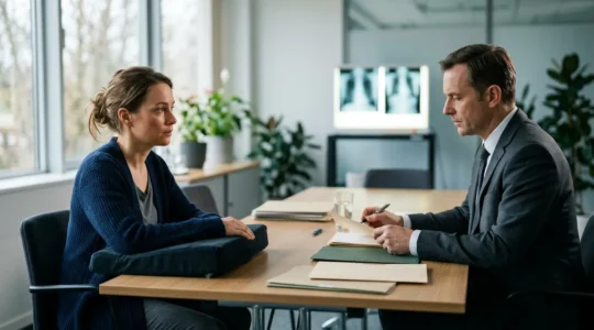 Une personne blessée discute avec un expert d'assurance dans un bureau moderne pour évaluer son préjudice corporel