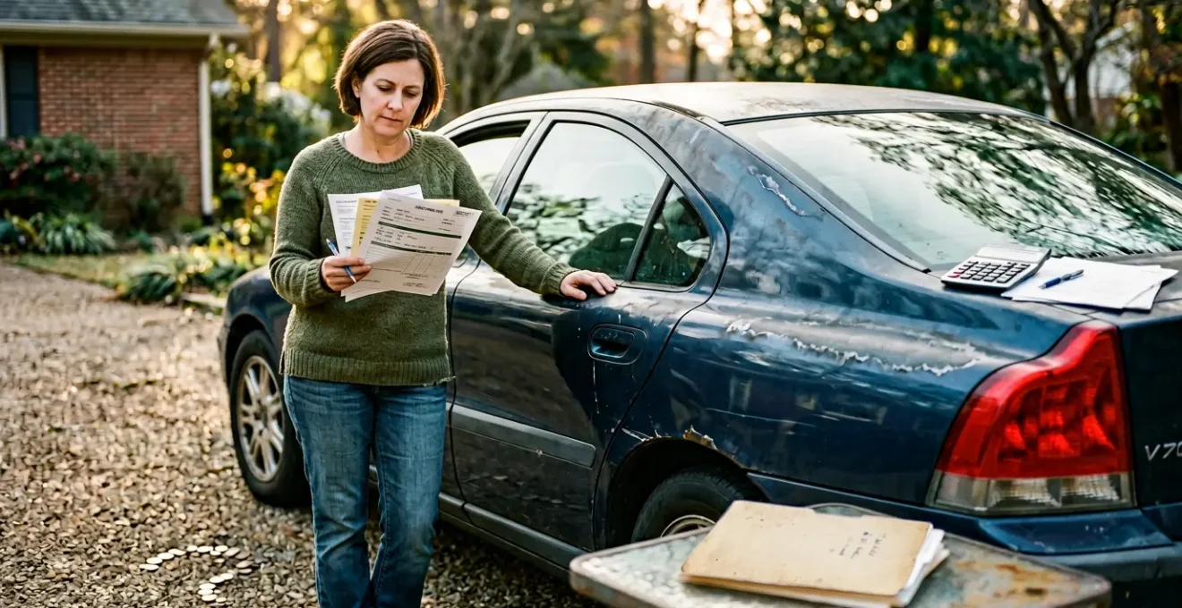 Personne réfléchissant devant une voiture ancienne avec des éléments financiers symboliques