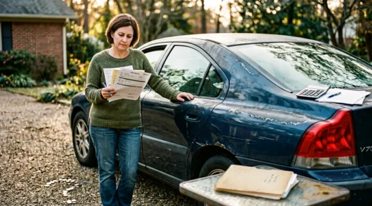 Personne réfléchissant devant une voiture ancienne avec des éléments financiers symboliques