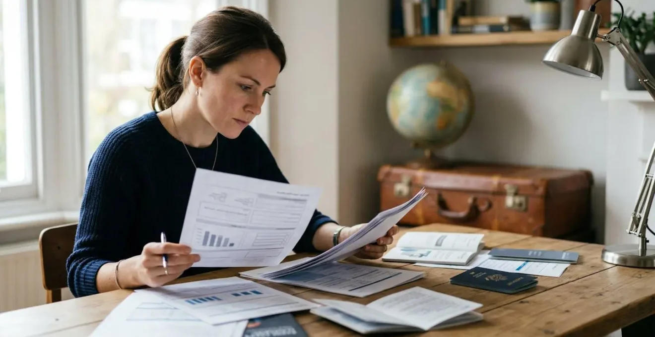 Voyageur consultant des documents d'assurance avec valise et carte du monde en arrière-plan