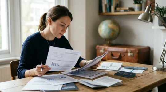 Voyageur consultant des documents d'assurance avec valise et carte du monde en arrière-plan