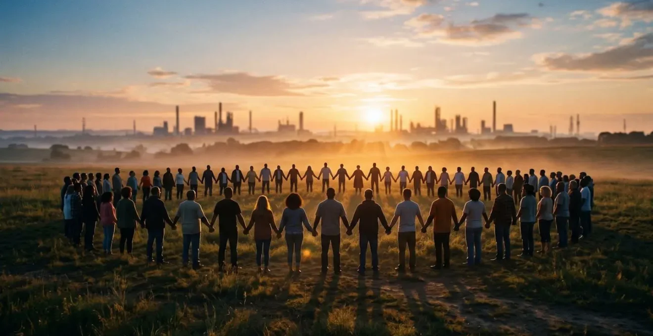 Groupe de personnes unis face aux conséquences d'une catastrophe industrielle, symbolisant la force de l'action collective.