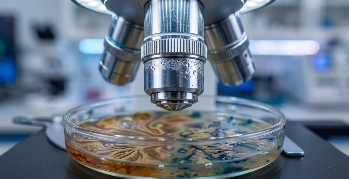 Vue rapprochée d'un microscope analysant une culture bactérienne en laboratoire médical
