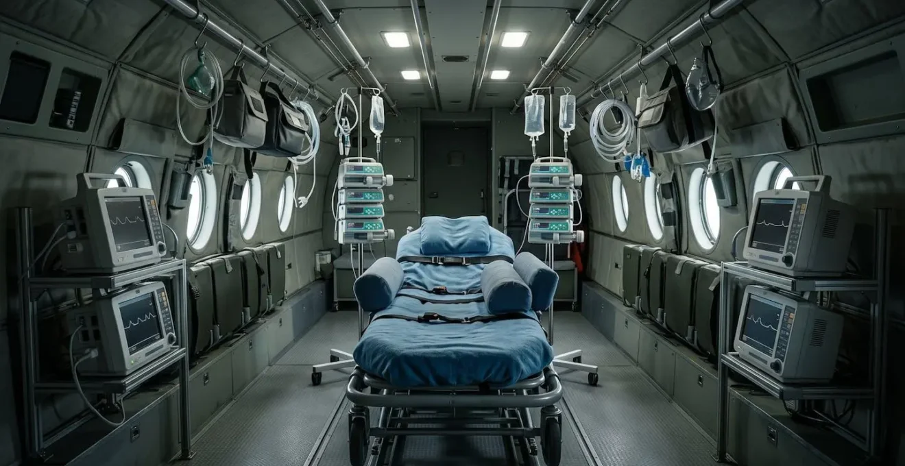 Vue intérieure d'un avion médicalisé équipé pour le rapatriement sanitaire
