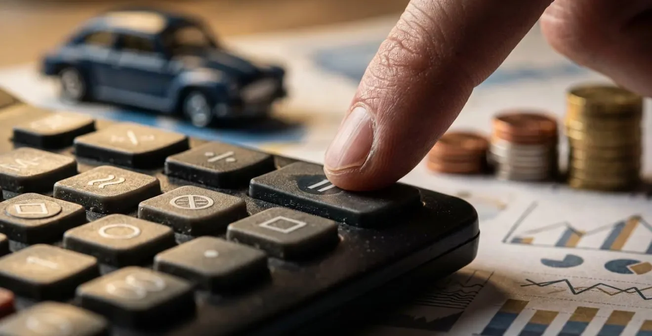 Calculatrice avec documents financiers et modèle réduit de voiture symbolisant le calcul économique