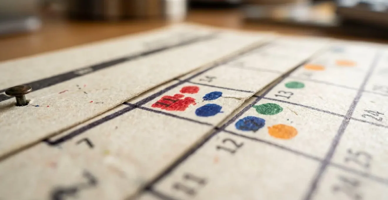 Vue macro d'un calendrier professionnel avec marqueurs colorés indiquant les dates clés de la procédure