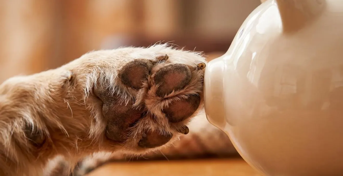 Chien avec tirelire et calculatrice symbolisant la gestion financière des soins vétérinaires