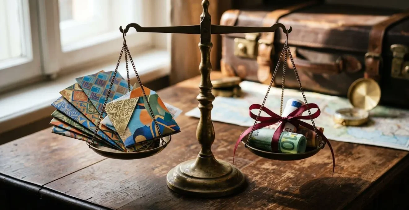 Balance symbolique entre avoir et argent liquide sur bureau