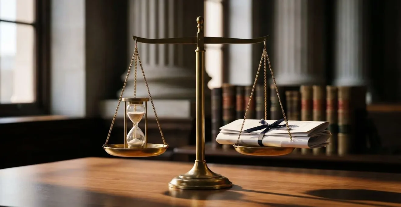 Balance de justice avec sablier représentant l'équilibre entre protection et délai légal