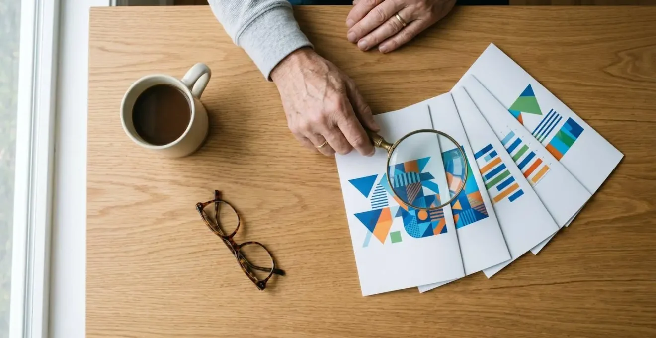 Personne âgée comparant différentes offres de mutuelle avec des graphiques colorés