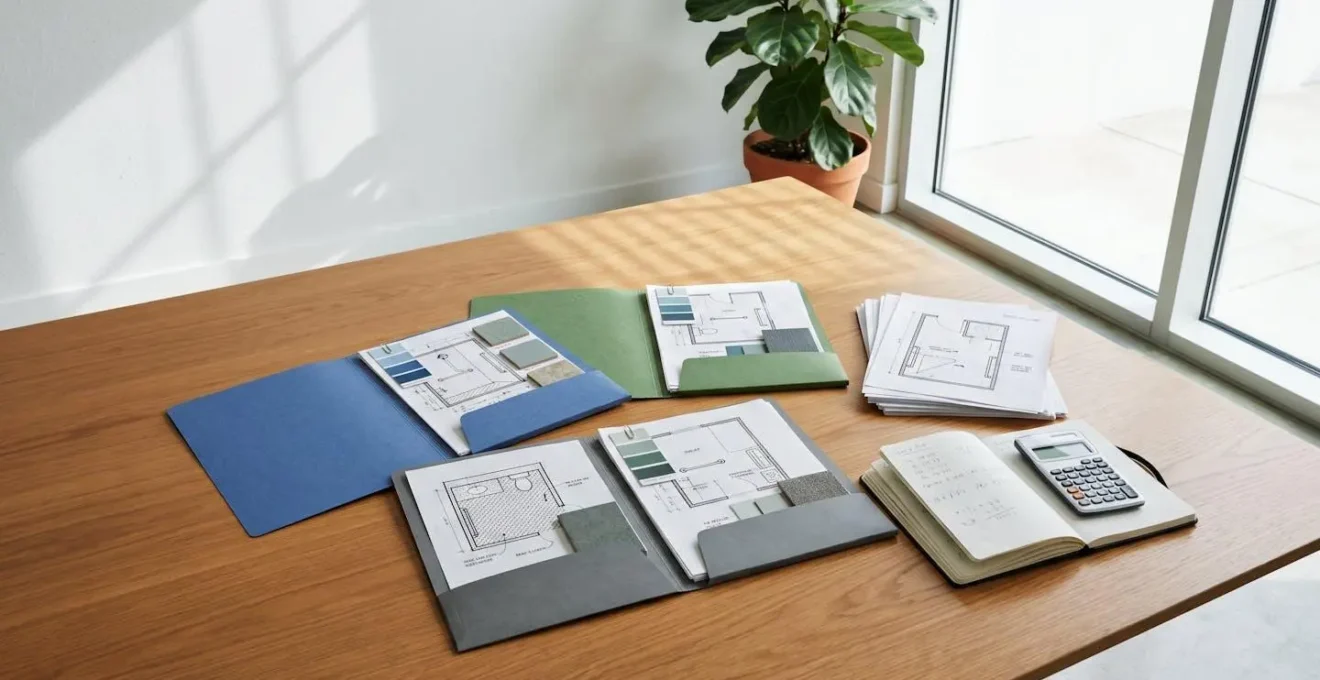 Trois devis d'entreprises différentes étalés sur une table pour l'adaptation d'une salle de bain
