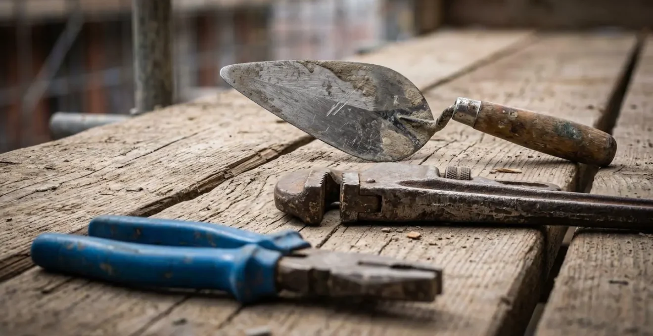 Outils de différents métiers du bâtiment disposés symboliquement sur un plan de chantier