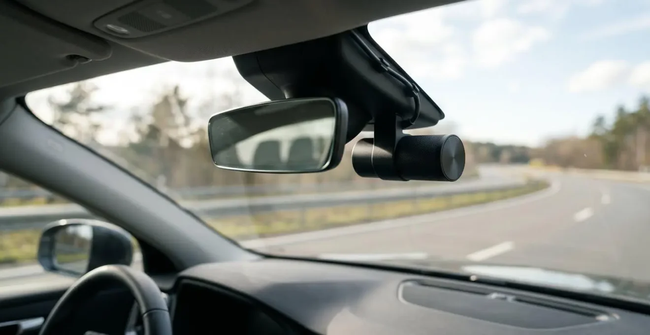 Vue arrière d'une dashcam installée dans un véhicule moderne