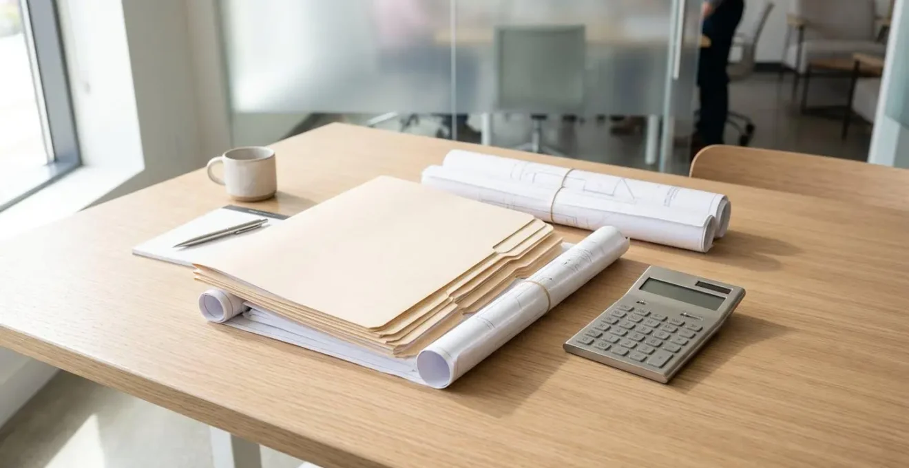 Bureau avec dossiers de chantiers et documents administratifs organisés pour audit