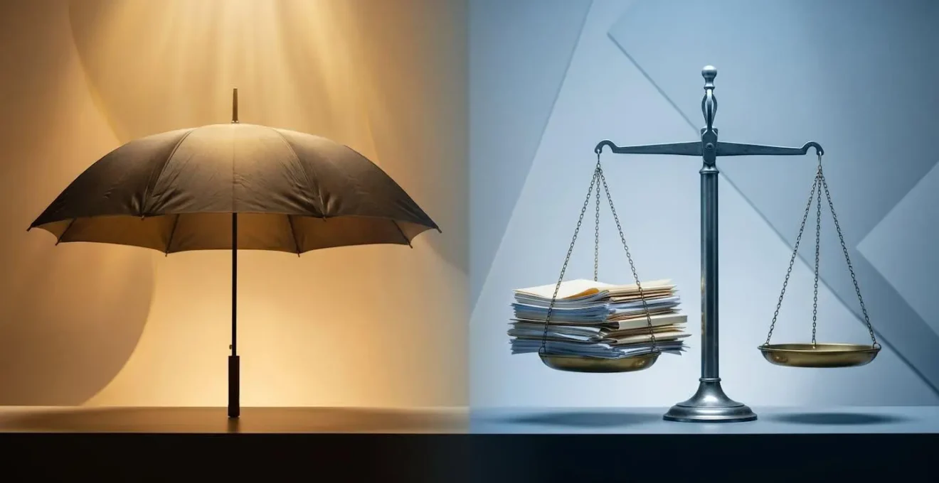 Représentation visuelle de la différence entre indemnisation FGTI et FGAO, montrant une protection inconditionnelle d'un côté et une balance de la justice de l'autre.