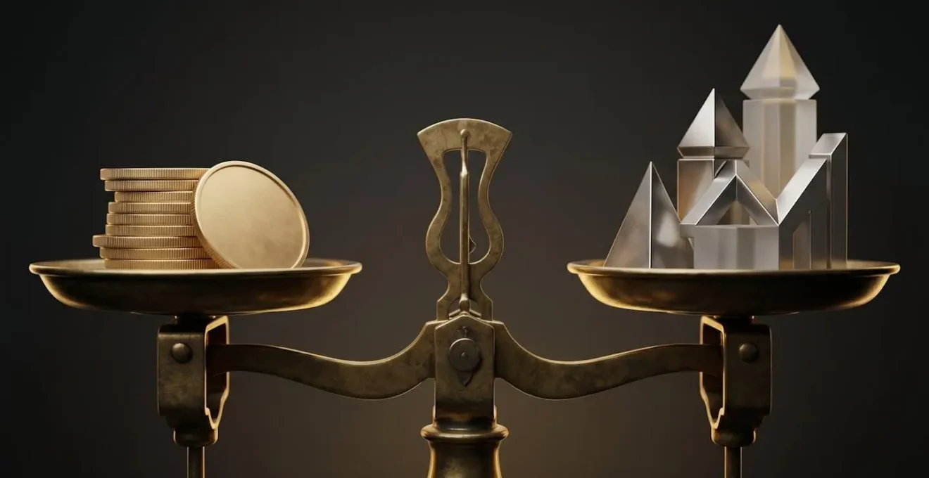 Balance symbolique entre pièces d'or stables et graphique de croissance dynamique