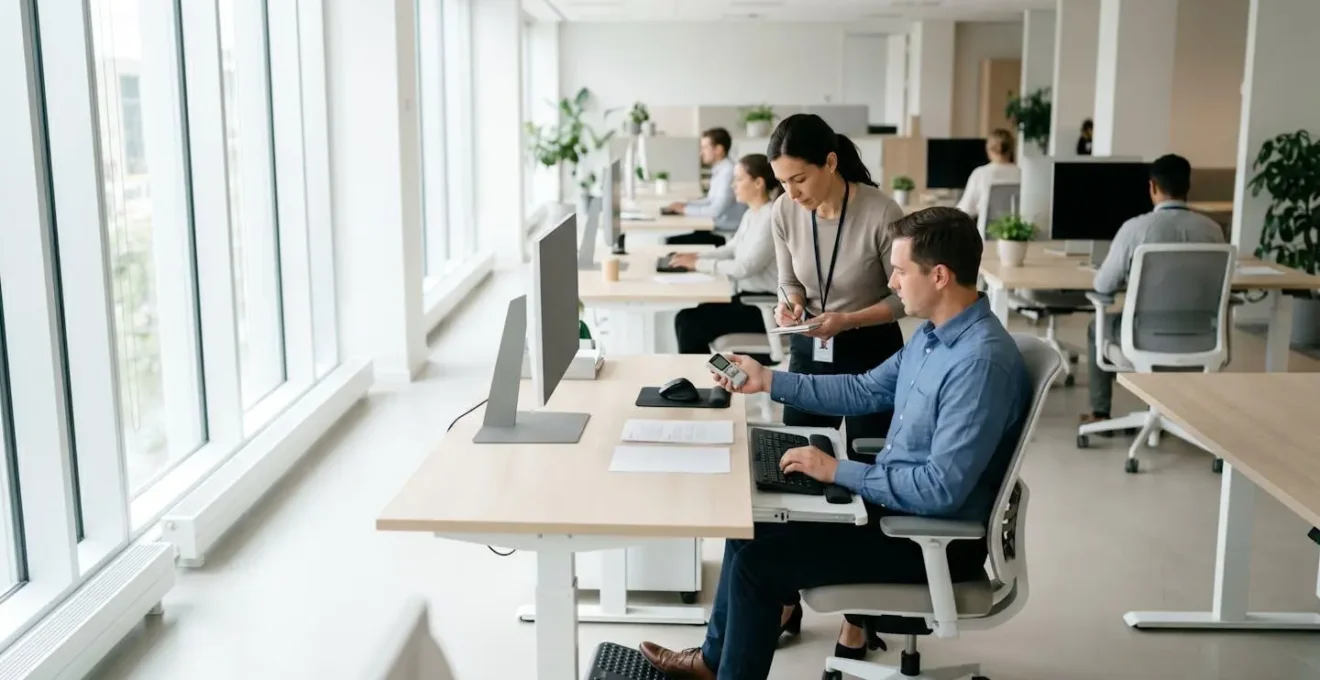 Ergonome analysant un poste de travail avec une personne handicapée