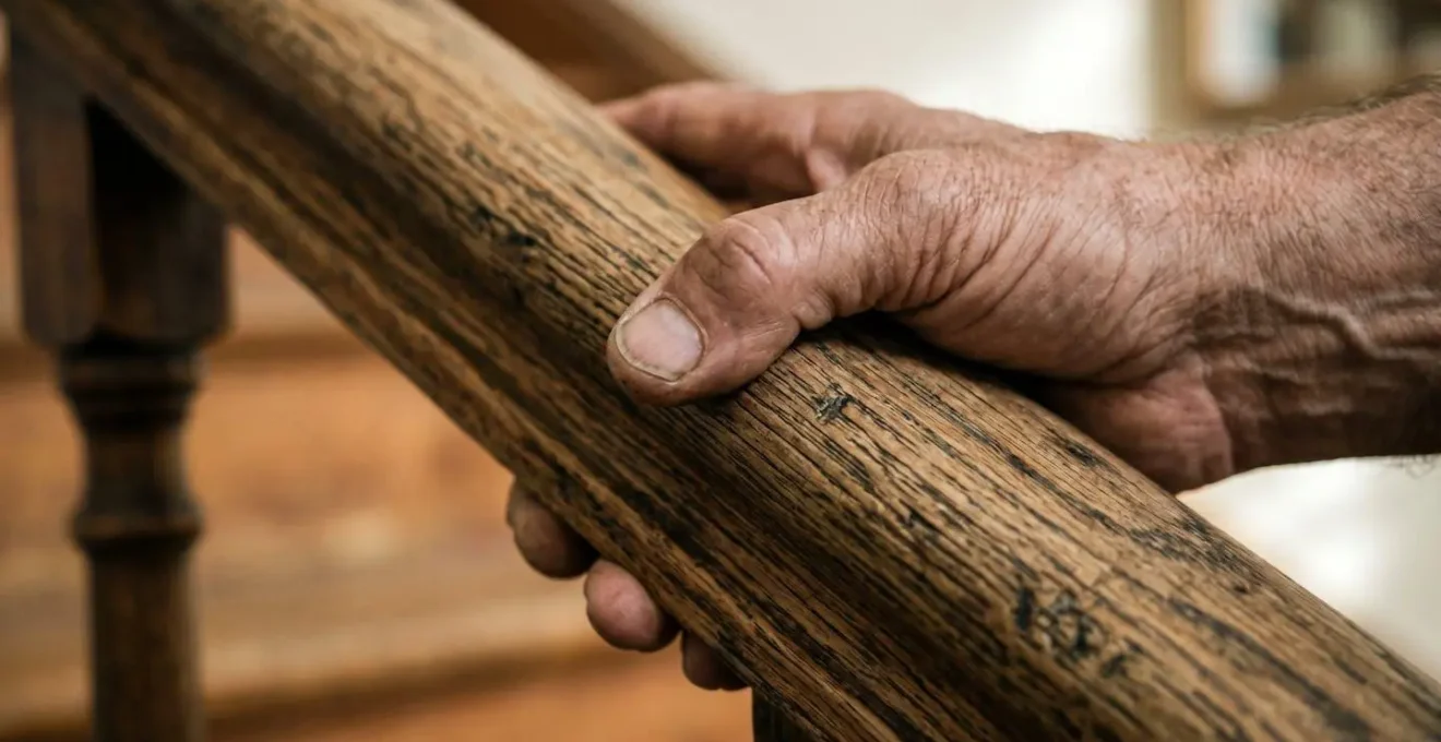 Vue macro détaillée d'une main sur rampe d'escalier en bois