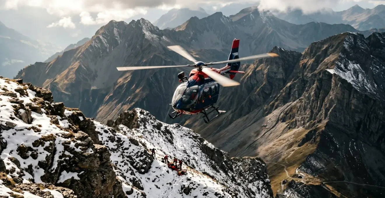 Hélicoptère de secours en approche dans un environnement montagneux alpin