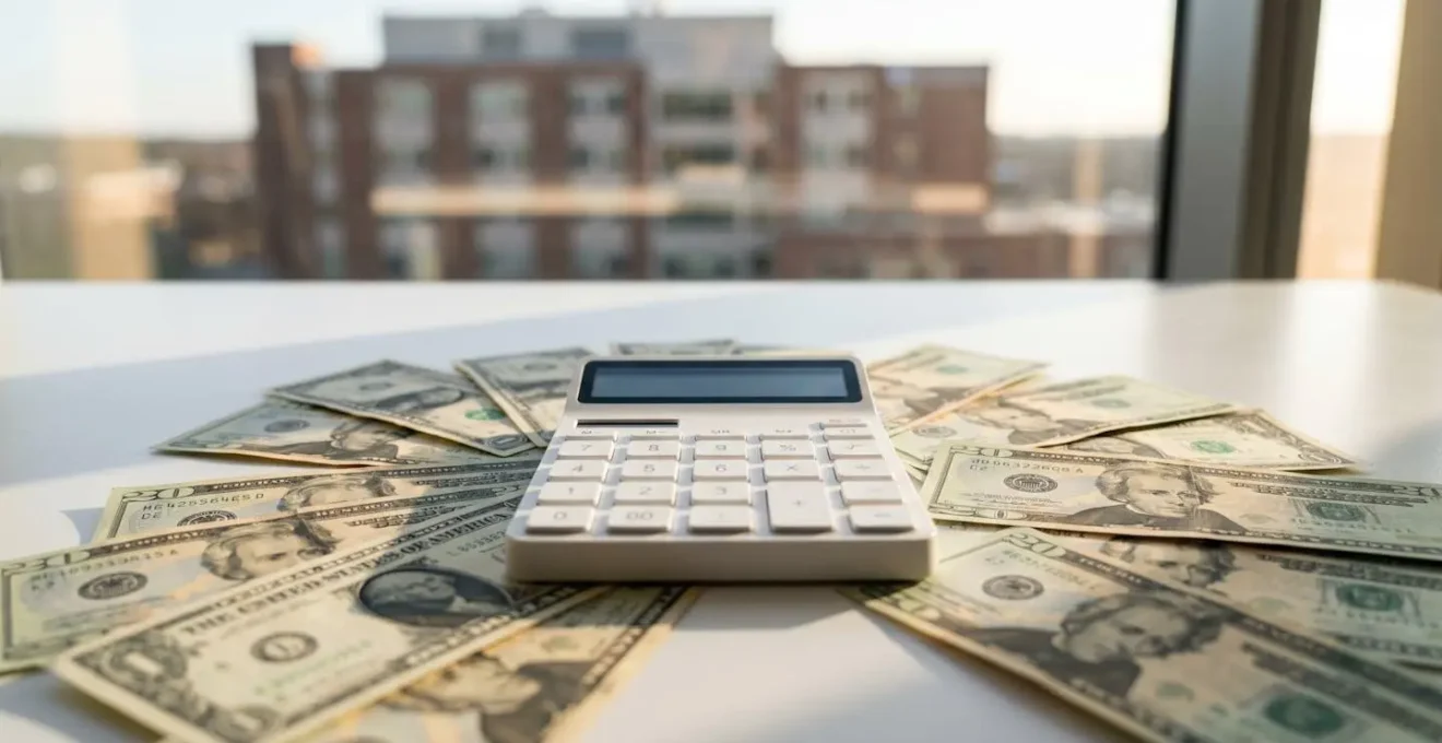 Une calculatrice et des billets de dollars éparpillés sur une table avec une silhouette floue d'hôpital en arrière-plan