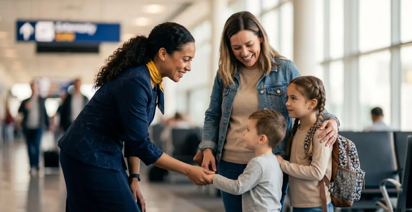 Personnel d'assistance accompagnant une famille avec enfants dans un terminal d'aéroport