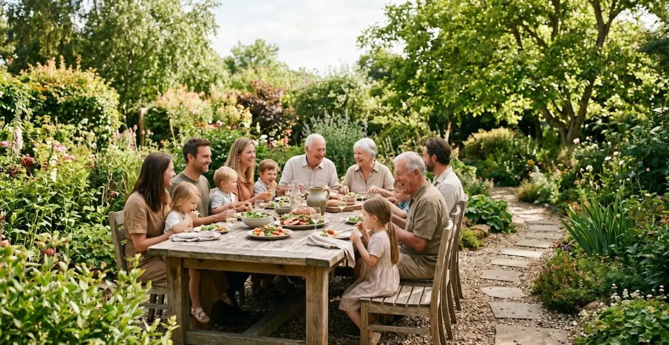 Famille multigénérationnelle réunie dans un jardin ensoleillé
