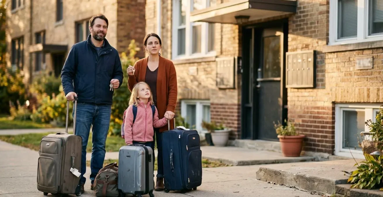 Famille avec valises devant logement temporaire, clés à la main
