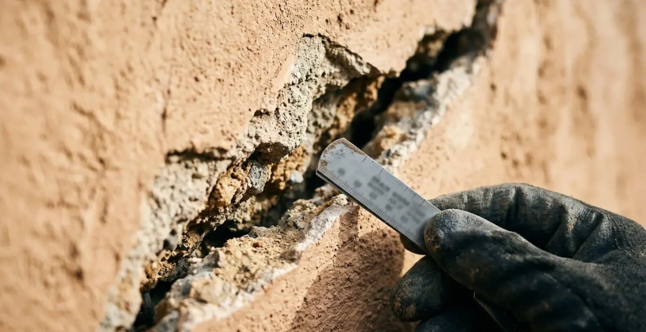 Gros plan sur une fissure diagonale traversant un mur avec expert mesurant l'écartement