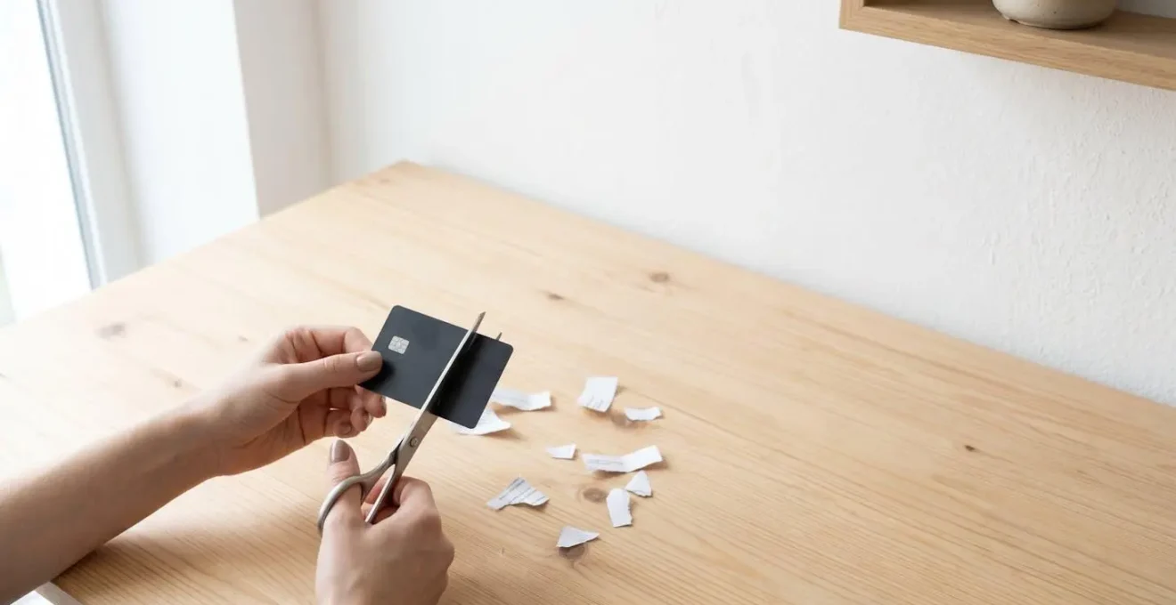 Mains découpant symboliquement une carte de crédit avec des ciseaux sur un bureau moderne