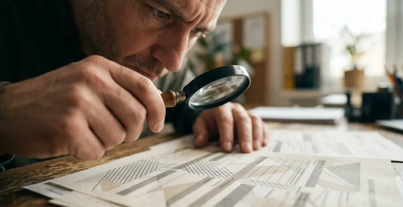 Personne analysant minutieusement un contrat d'assurance avec une loupe sur un bureau