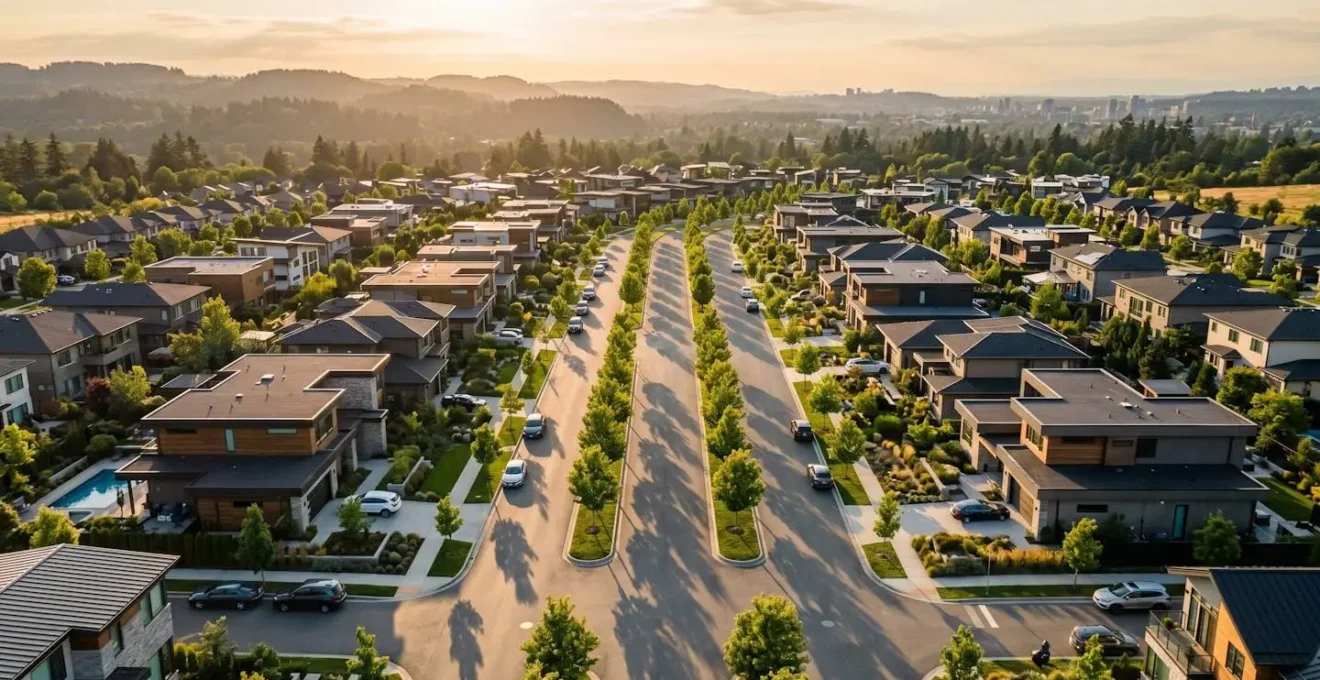 Vue aérienne d'un quartier résidentiel moderne avec espaces verts et architecture contemporaine