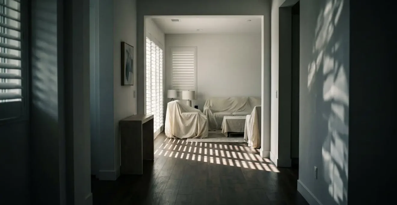 Intérieur de maison moderne avec volets fermés suggérant une absence prolongée