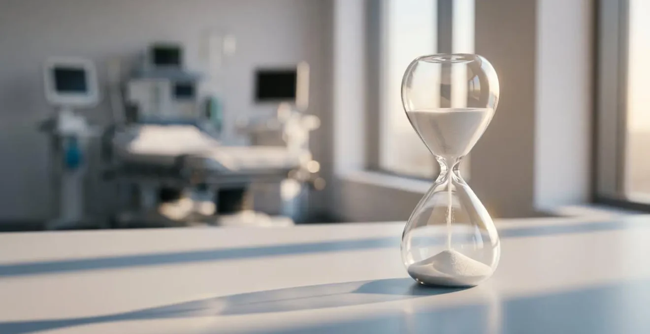 Sablier en verre sur bureau médical symbolisant l'urgence du diagnostic précoce