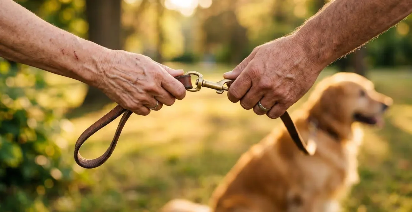 Passation symbolique d'une laisse entre deux personnes dans un parc, représentant le transfert de responsabilité.