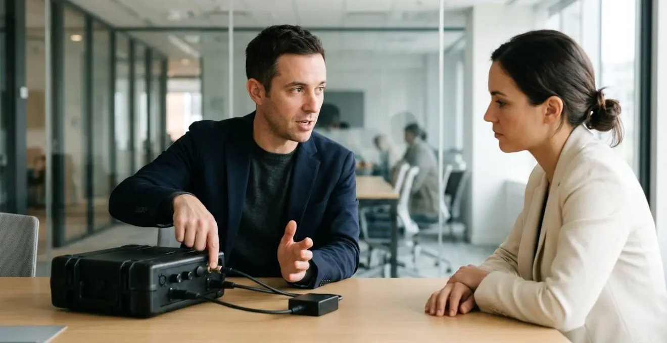 Professionnel effectuant une démonstration chez un client avec équipement technique