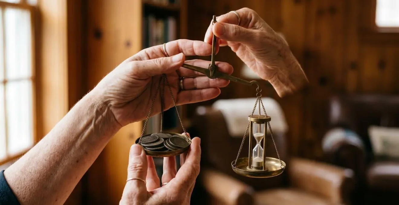Balance ancienne en laiton avec pièces d'un côté et sablier de l'autre